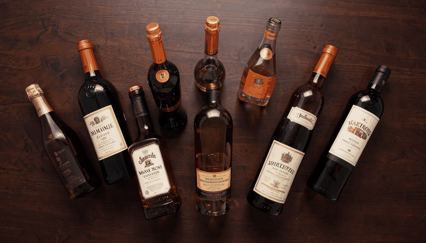 Ảnh chụp từ trên cao một bộ sưu tập chai rượu vang đỏ, whisky và champagne với nhãn chai cổ điển, xếp trên mặt bàn gỗ tối màu sang trọng