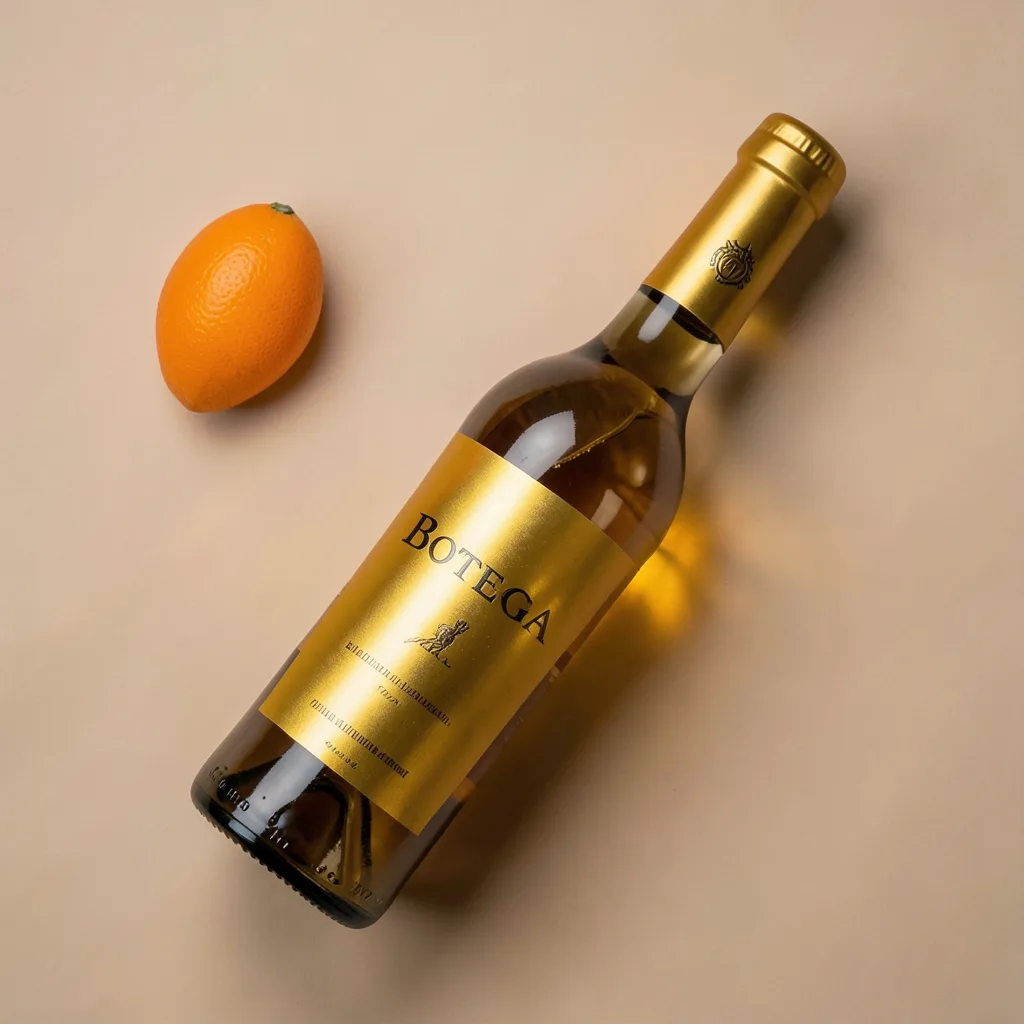 Ảnh chụp cận cảnh một chai vang sủi tăm Bottega với nhãn chai ánh vàng đồng, nền tối sang trọng với ánh sáng ấm
