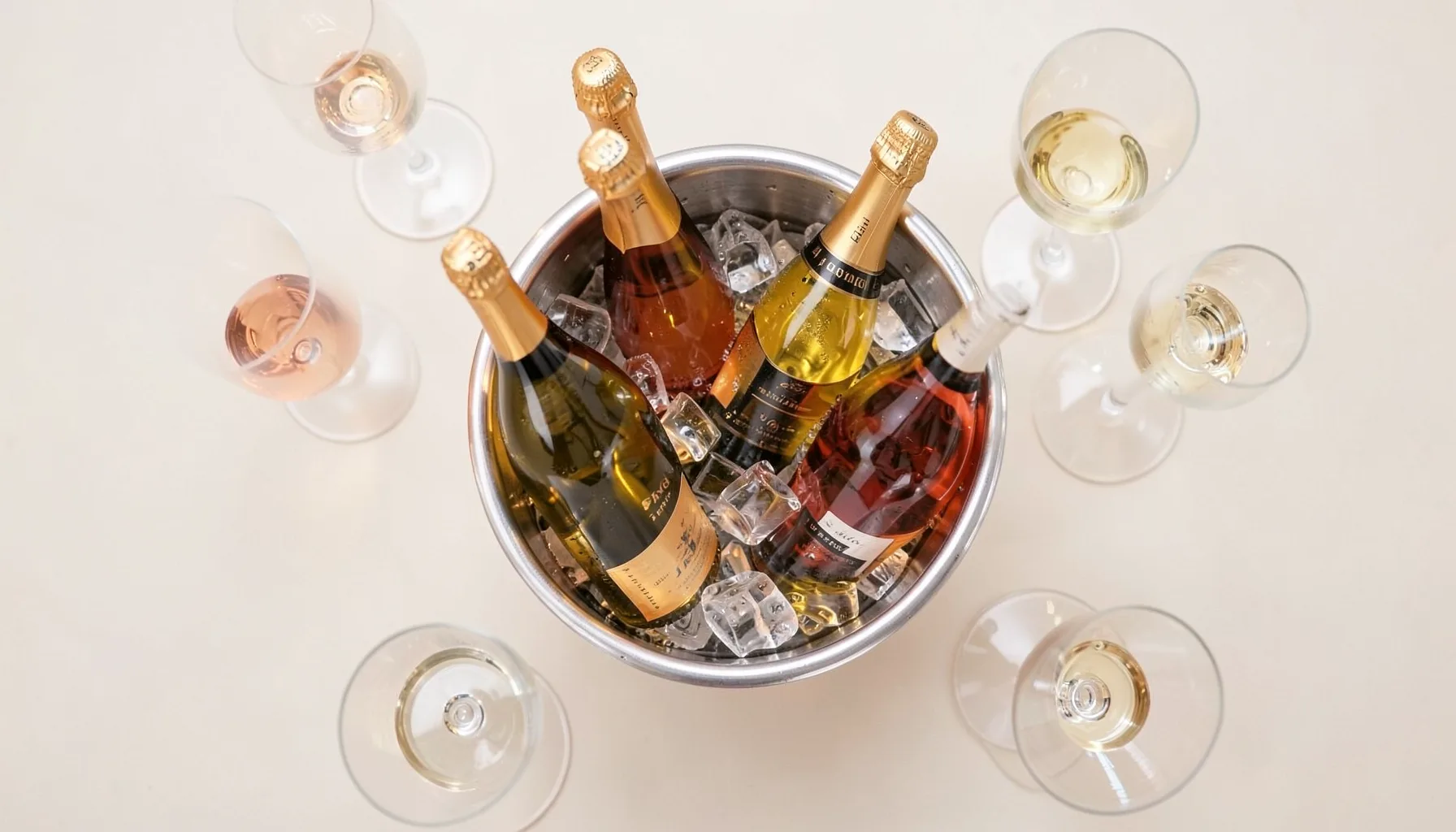 Ảnh chụp từ trên cao những chai champagne và vang sủi tăm trong xô đá bạc, xung quanh là ly thủy tinh thanh mảnh, ánh sáng dịu