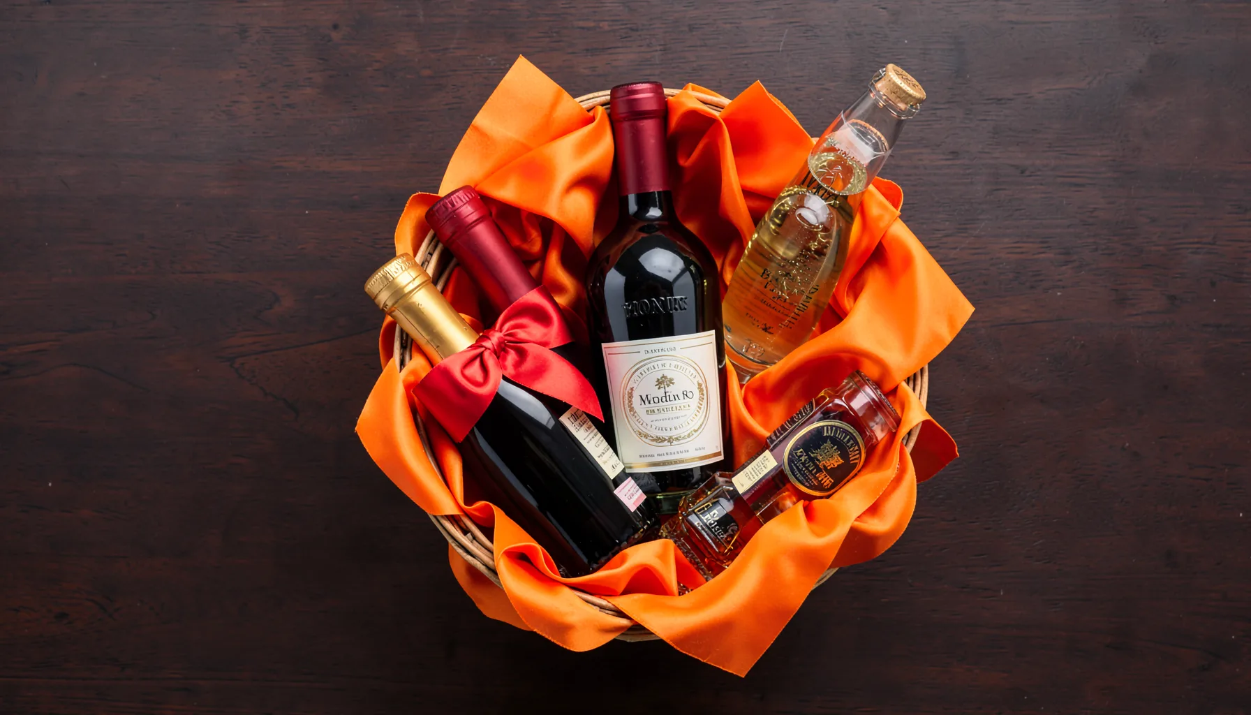 Ảnh chụp từ trên cao một giỏ quà Tết sang trọng với chai rượu vang đỏ, whisky và champagne được gói trong giấy lụa và nơ