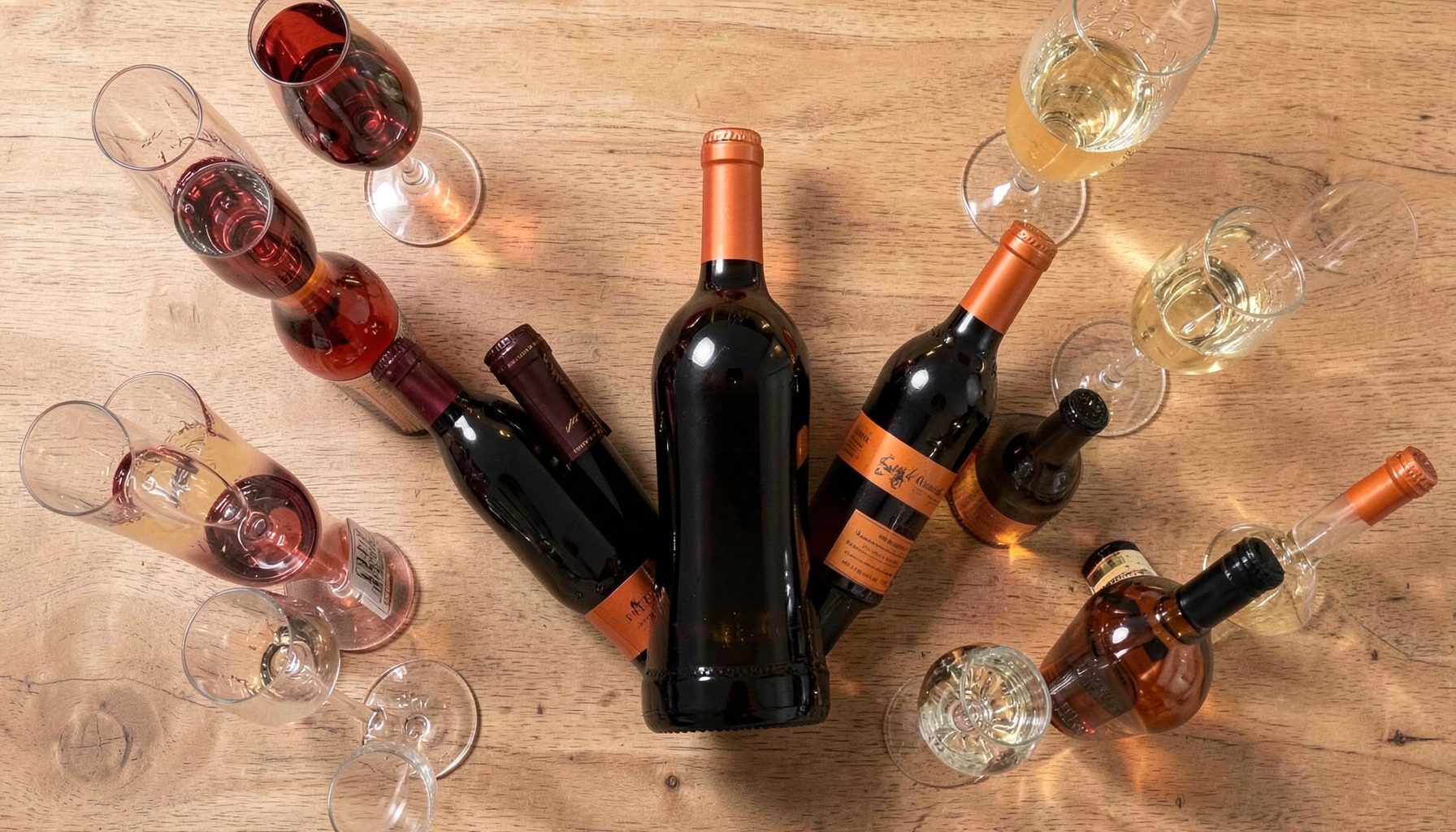 Ảnh chụp từ trên cao một bộ sưu tập chai rượu vang đỏ và champagne đặt trên mặt bàn gỗ mộc, xung quanh là ly thủy tinh, ánh sáng ấm áp sang trọng